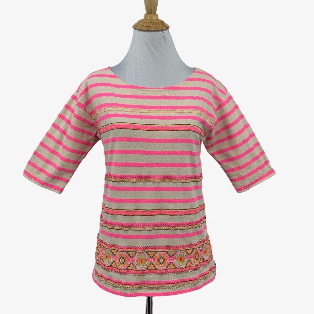 J Crew Top Womens XS Neon Pink Striped Aztec Knit Embroidered Half Sleeve Shirt